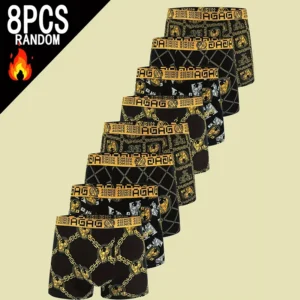 8pcs Men's Boxer Briefs - Black & Golden Greek Pattern Underwear